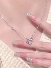 水鑽愛心掛飾項鍊 - 彩色 - 查看 1