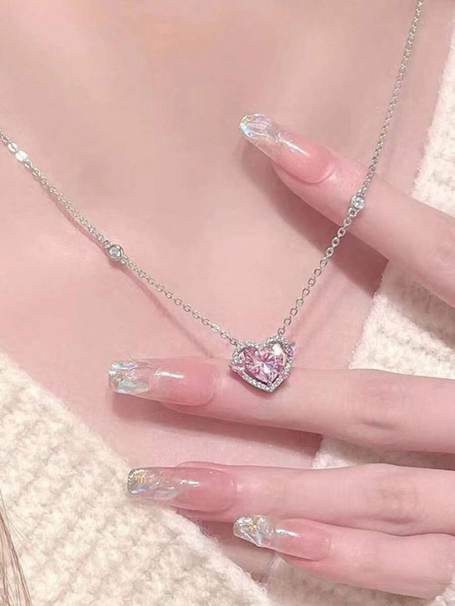 水鑽愛心掛飾項鍊 - 彩色 - 查看 1