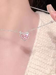 水鑽愛心掛飾項鍊 - 彩色 - 查看 3