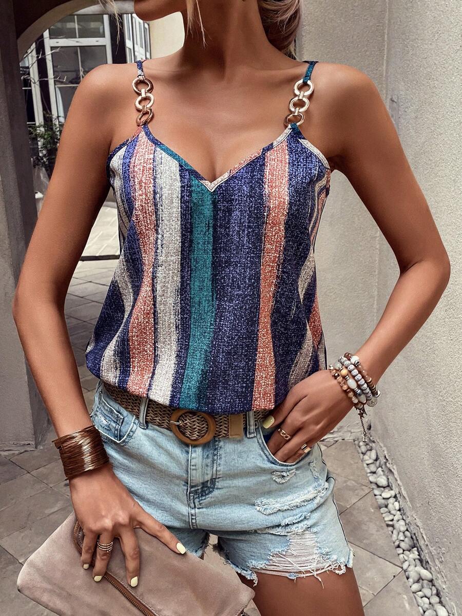 SHEIN LUNE 條紋印花吊帶上衣 - 彩色 - 查看 1