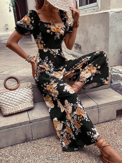 Floral Print Square Neck Wide Leg Jumpsuit