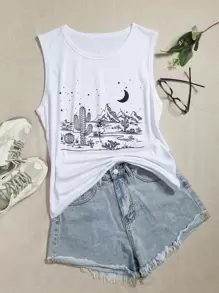 SHEIN LUNE Cactus & Moon Print Tank Top - White - View 1