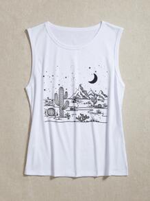 SHEIN LUNE Cactus & Moon Print Tank Top - White - View 3