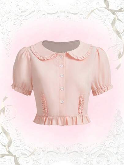 Blouse péplum à col claudine à plis manches bouffantes