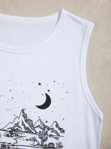 SHEIN LUNE Cactus & Moon Print Tank Top - White - View 5