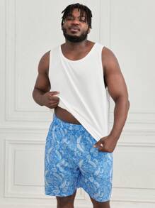 SHEIN Extended Sizes Men Solid Tank Top & Paisley Print Shorts PJ Set - Blue and White - View 1