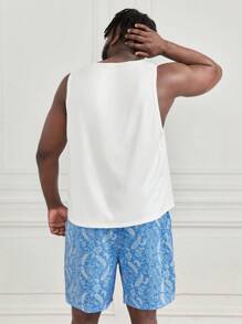 SHEIN Extended Sizes Men Solid Tank Top & Paisley Print Shorts PJ Set - Blue and White - View 2