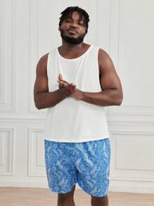 SHEIN Extended Sizes Men Solid Tank Top & Paisley Print Shorts PJ Set - Blue and White - View 3