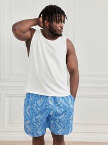 SHEIN Extended Sizes Men Solid Tank Top & Paisley Print Shorts PJ Set - Blue and White - View 4