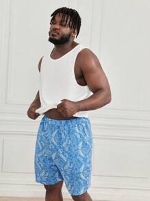 SHEIN Extended Sizes Men Solid Tank Top & Paisley Print Shorts PJ Set - Blue and White - View 5