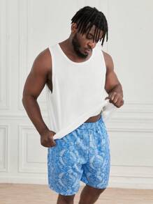 SHEIN Extended Sizes Men Solid Tank Top & Paisley Print Shorts PJ Set - Blue and White - View 7
