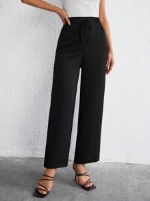 SHEIN Frenchy Quần nữ Thắt nút màu trơn Giải trí - màu đen - Xem 3