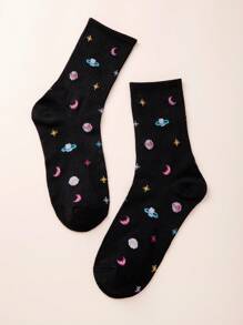 1pair Women Planet & Star Pattern Fashion Crew Socks For Daily Life, Fall Socks - Black - View 1
