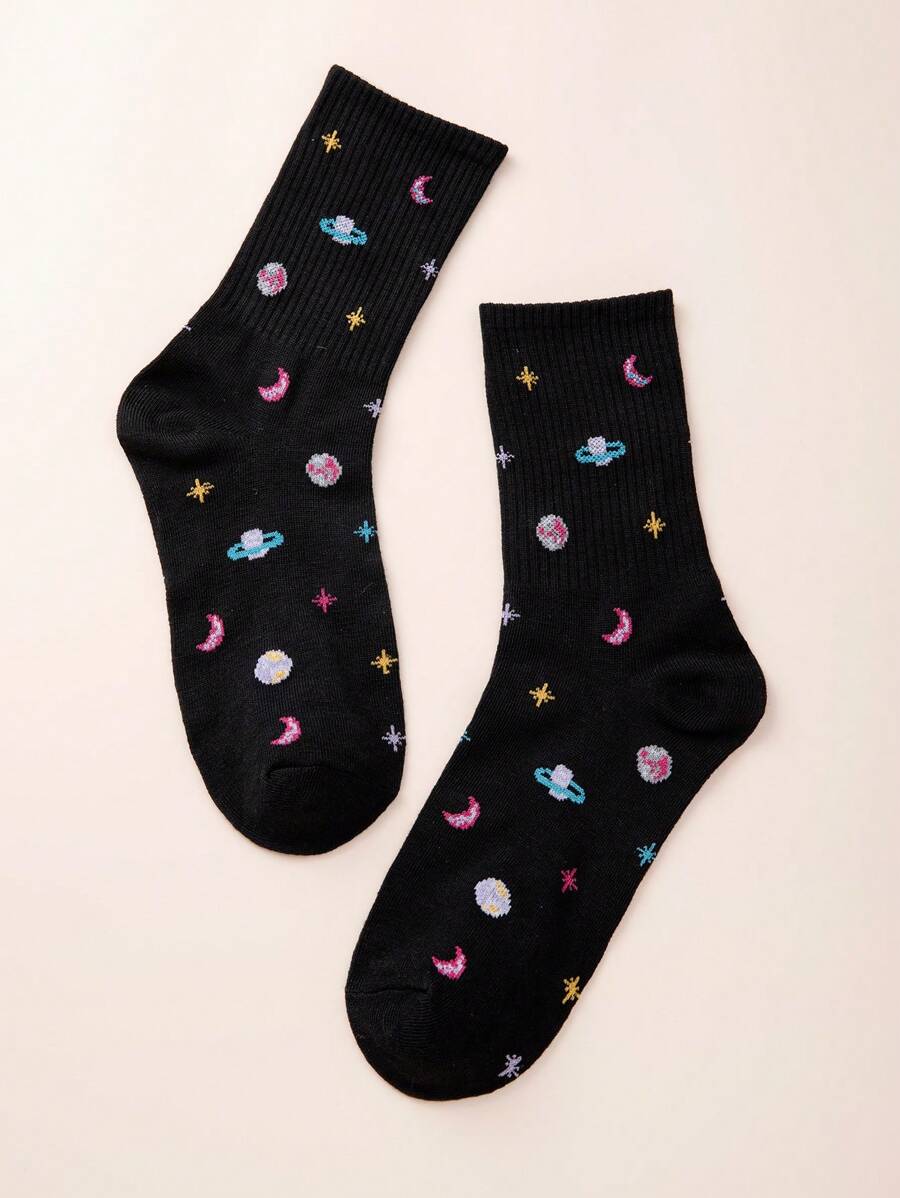 1pair Women Planet & Star Pattern Fashion Crew Socks For Daily Life, Fall Socks - Black - View 1