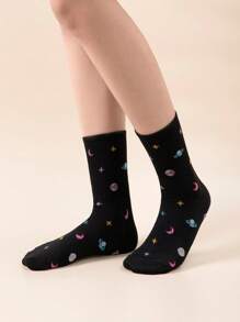 1pair Women Planet & Star Pattern Fashion Crew Socks For Daily Life, Fall Socks - Black - View 2