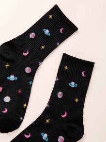 1pair Women Planet & Star Pattern Fashion Crew Socks For Daily Life, Fall Socks - Black - View 3