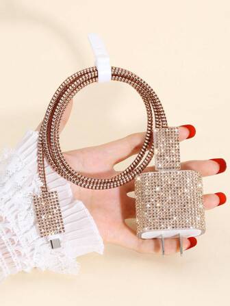 5pcs Rhinestone Decor Data Cable Protector & Charging Head Cover Set Charger Protector