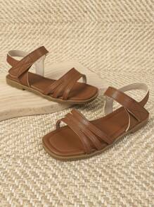 Girls Open Toe Hook-and-loop Fastener Design Ankle Strap Sandals, Elegant Outdoor Flat Sandals