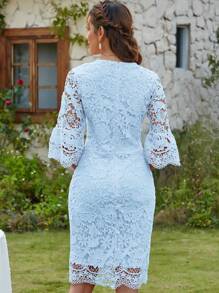 Surplice Neck Flounce Sleeve Lace Dress - Baby Blue - View 3
