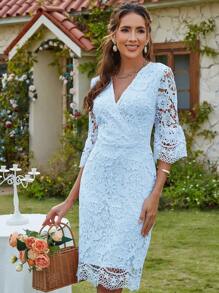 Surplice Neck Flounce Sleeve Lace Dress - Baby Blue - View 6