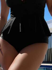 SHEIN Swim 荷叶边下摆挂脖分体泳衣夏日海滩 - 黑色 - 查看 4