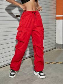 Drawstring Waist Flap Pocket Side Parachute Cargo Trousers - Red - View 4