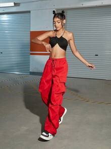 Drawstring Waist Flap Pocket Side Parachute Cargo Trousers - Red - View 5