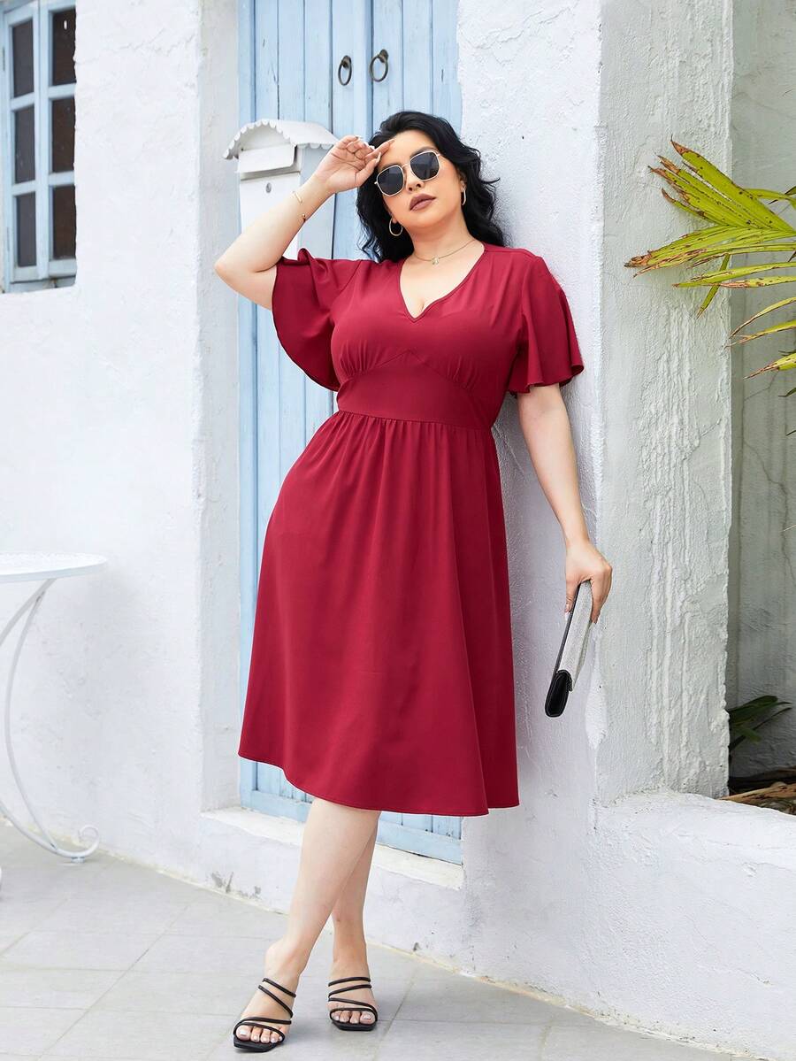 Đầm Plus Size màu trơn Thanh lịch - Đỏ - Xem 1