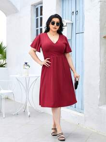 Đầm Plus Size màu trơn Thanh lịch - Đỏ - Xem 6