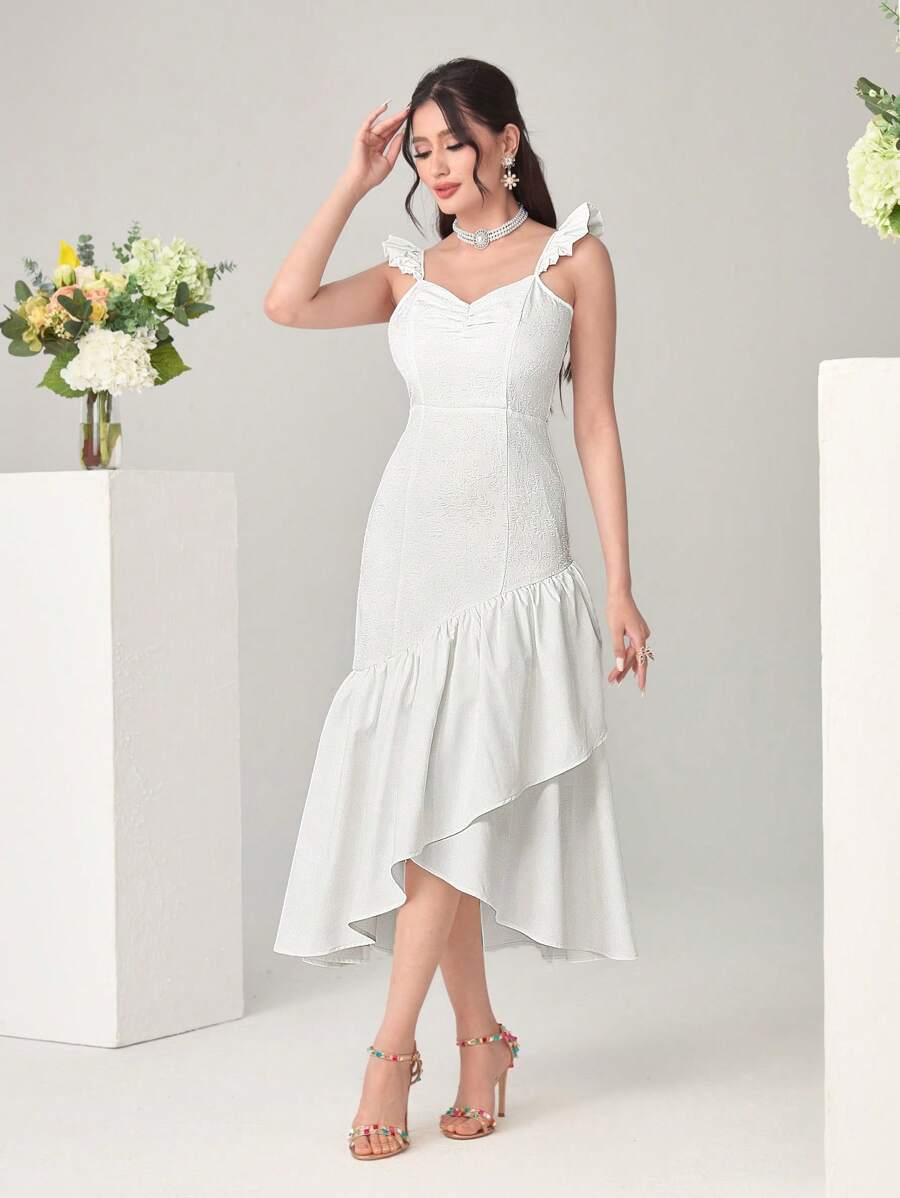 Modelyn Vestido ribete con fruncido fruncido delantero bajo asimétrico sin cinturón - Blanco - Ver 1