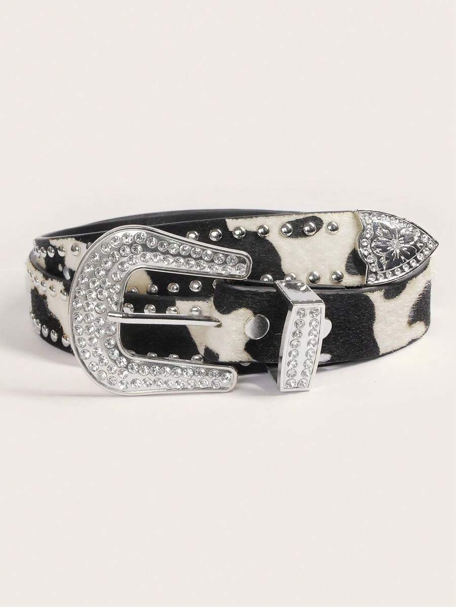 1 chiếc thắt lưng đính đá trang trí hình con bò theo phong cách phương Tây dành cho nữ - Đen và trắng - Xem 1