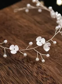 Faux Pearl & Flower Decor Bridal Headwear Elegant Tiaras Valentine's Day Accessories - Silver - View 4