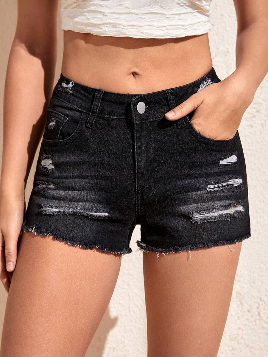 SHEIN Essnce 破洞毛邊牛仔短褲 - 黑色 - 查看 1