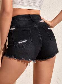 SHEIN Essnce 破洞毛邊牛仔短褲 - 黑色 - 查看 2