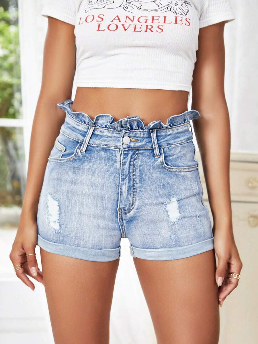 SHEIN Essnce Paperbag Waist Ripped Roll Up Hem Denim Shorts - Light Wash - View 1