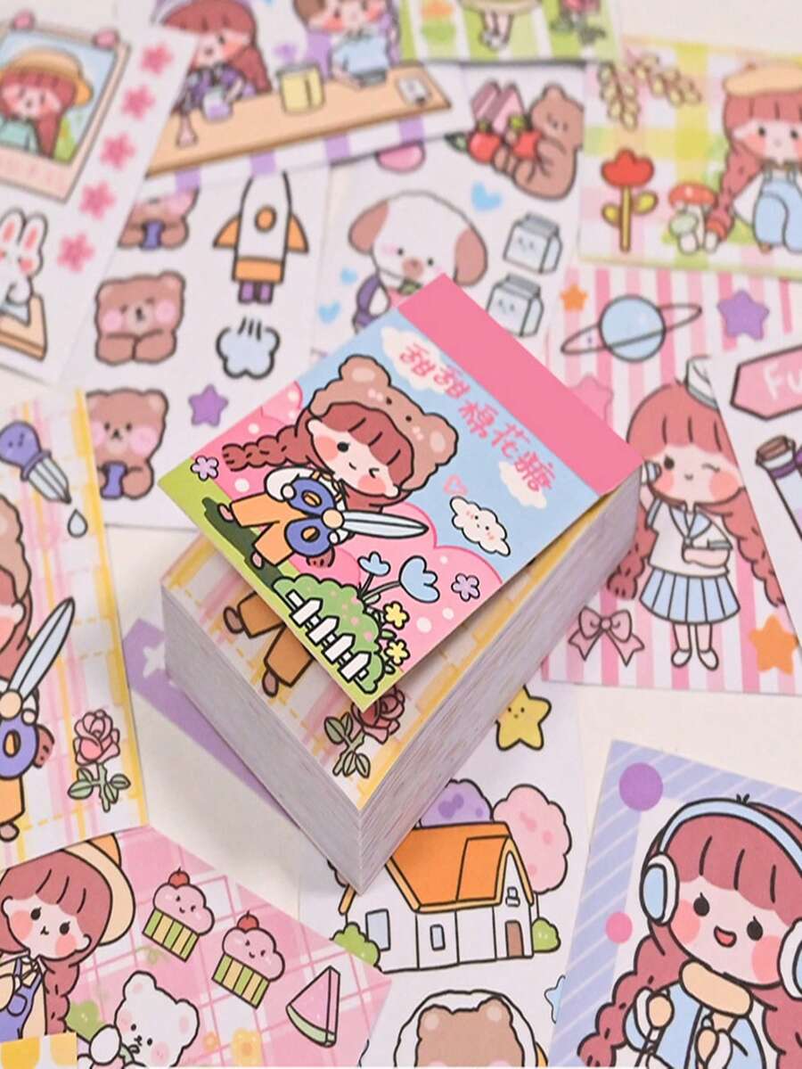 Mini libro de pegatinas surtidas con gráfico de dibujos animados, bonita pegatina multiusos para manualidades DIY, decoración, cuenta manual, 1 pieza - Rosa - Ver 1