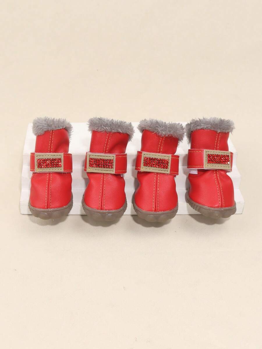 4 piezas De zapatos para mascotas con decoración de diamantes de imitación para perros y gatos para clima frío - Rojo - Ver 1
