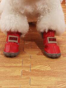 4 piezas De zapatos para mascotas con decoración de diamantes de imitación para perros y gatos para clima frío - Rojo - Ver 4