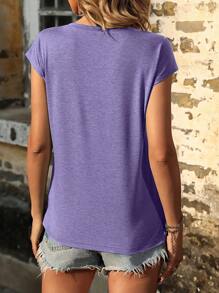 SHEIN LUNE Solid Batwing Sleeve V Neck Tee - Violet Purple - View 2