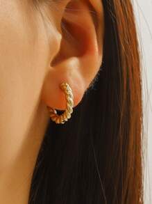 2入組扭結設計圓耳環 - 金黃色 - 查看 3