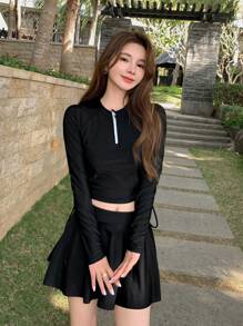 DAZY Solid Zip Through Drawstring Side Crop Rashguard Summer Beach Vacation - Black - View 1