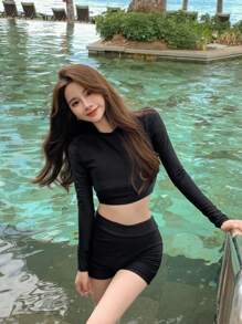 DAZY Solid High Neck Shorts Bikini Set - Black - View 1