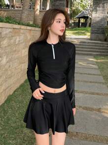 DAZY Solid Zip Through Drawstring Side Crop Rashguard Summer Beach Vacation - Black - View 5