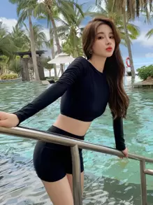 DAZY Solid High Neck Shorts Bikini Set - Black - View 5