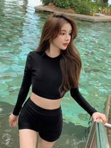 DAZY Solid High Neck Shorts Bikini Set - Black - View 6