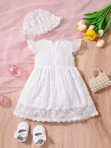 SHEIN Vestido Con Ribete De Volantes Para Bebé Niña Con Gorro - Blanco - Ver 2