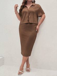 SHEIN Frenchy Plus Solid Button Front Top & Skirt - Coffee Brown - View 5