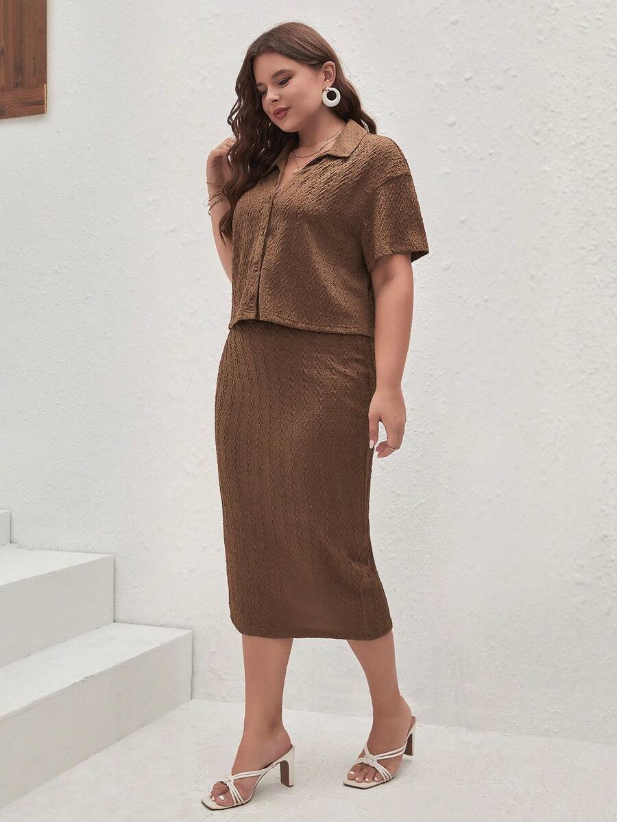 SHEIN Frenchy Plus Solid Button Front Top & Skirt - Coffee Brown - View 1