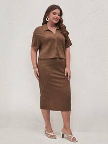 SHEIN Frenchy Plus Solid Button Front Top & Skirt - Coffee Brown - View 4