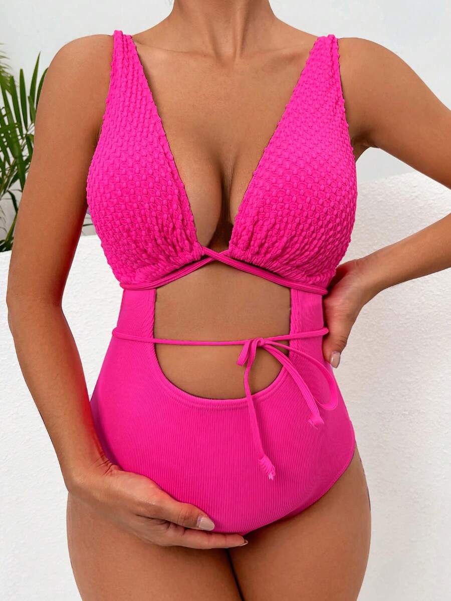 SHEIN Maternity Cut Out Tie Front One Piece Swimsuit - Hot Pink - View 1
